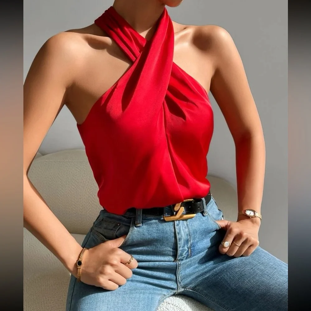 Luxe red twist front halter top